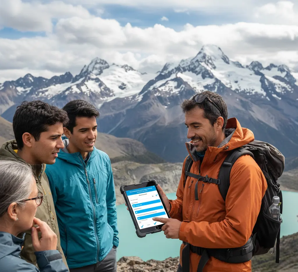 Guía mostrando en tablet los riesgos y condiciones de la actividad