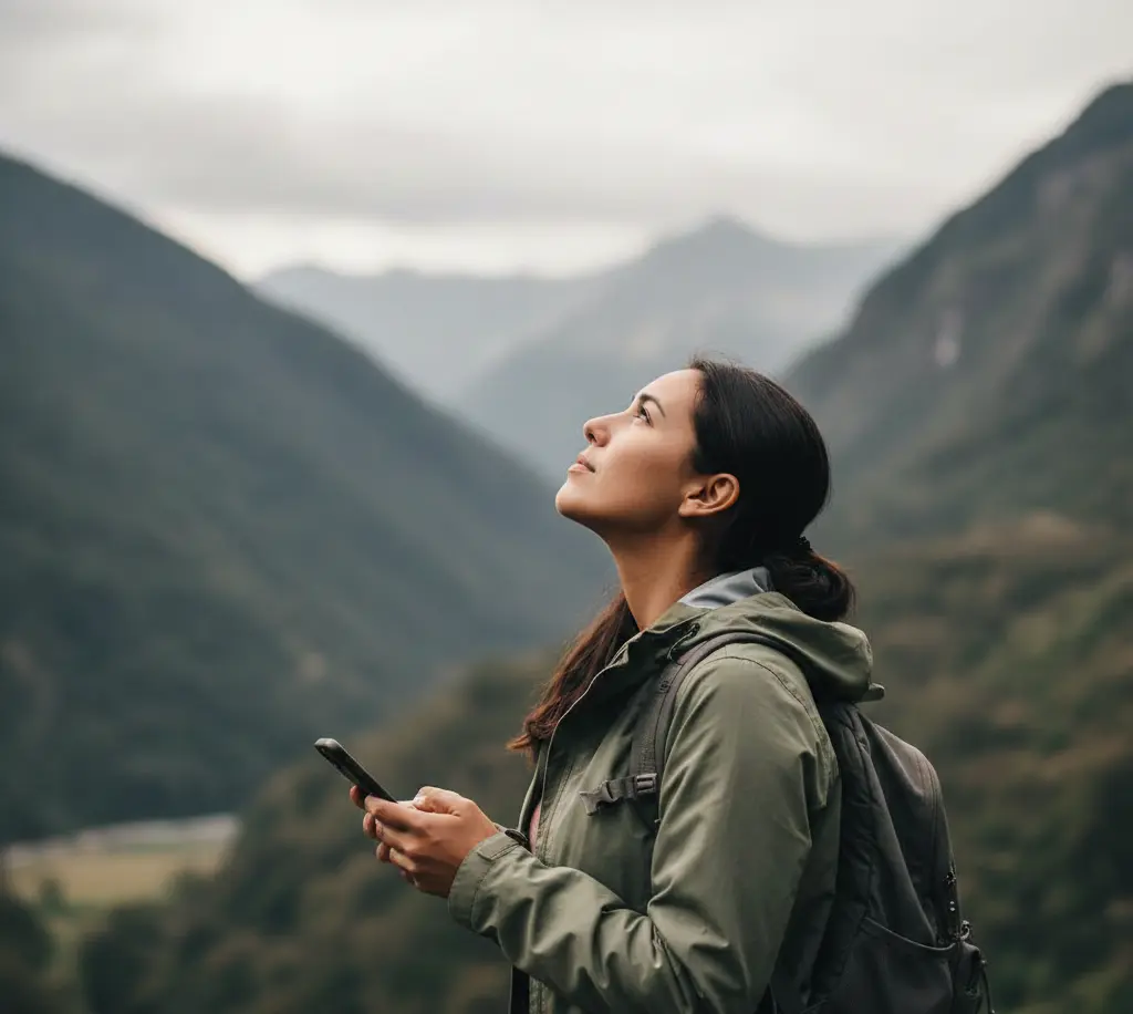 Persona con mochila en la montaña sosteniendo un smartphone frente a un paisaje de valles